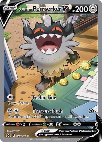 Pokémon card: Galarian Perrserker V (Alternate Full Art) 184/196 from Lost Origin (Ultra Rare), Metal type, front of card