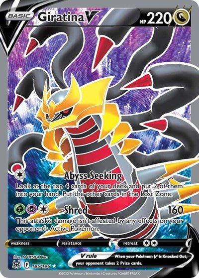 Pokémon card: Giratina V (Full Art) 185/196 from Lost Origin (Ultra Rare), Dragon type, front of card