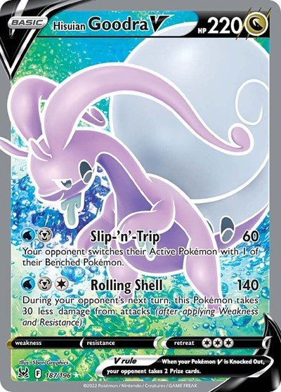 Pokémon card: Hisuian Goodra V (Full Art) 187/196 from Lost Origin (Ultra Rare), Dragon type, front of card