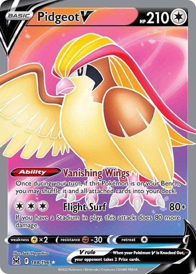 Pokémon card: Pidgeot V (Full Art) 188/196 from Lost Origin (Ultra Rare), Colorless type, front of card