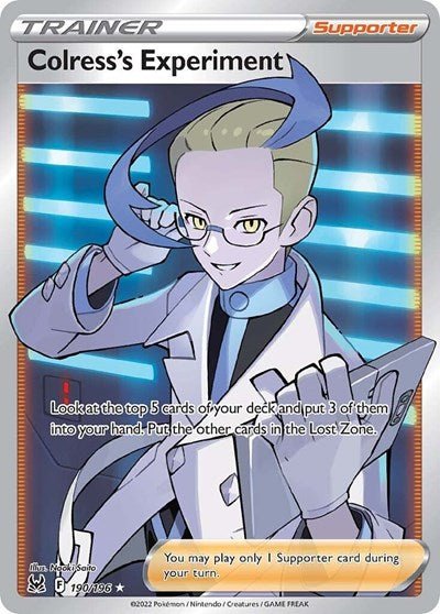 Pokémon card: Colress's Experiment (Full Art) 190/196 from Lost Origin (Ultra Rare), front of card