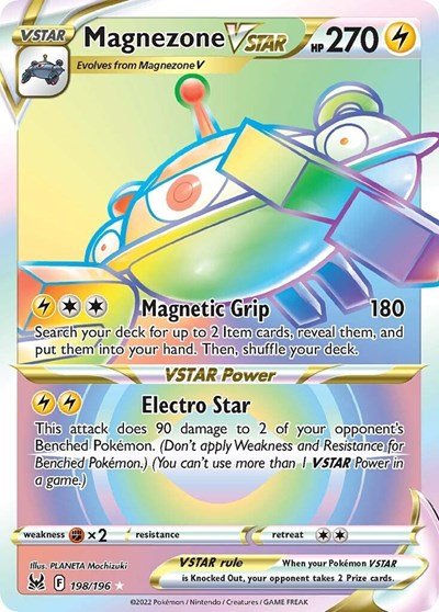 Pokémon card: Magnezone VSTAR 198/196 from Lost Origin (Secret Rare), Lightning type, front of card