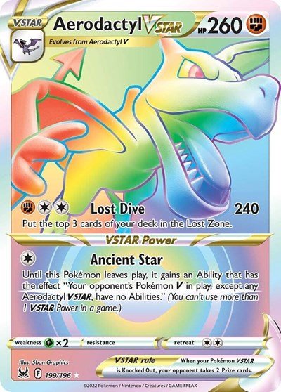 Pokémon card: Aerodactyl VSTAR 199/196 from Lost Origin (Secret Rare), Fighting type, front of card