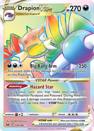 Pokémon card: Drapion VSTAR 200/196 from Lost Origin (Secret Rare), Darkness type, front of card