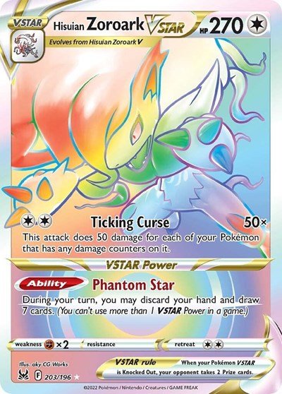 Pokémon card: Hisuian Zoroark VSTAR 203/196 from Lost Origin (Secret Rare), Colorless type, front of card