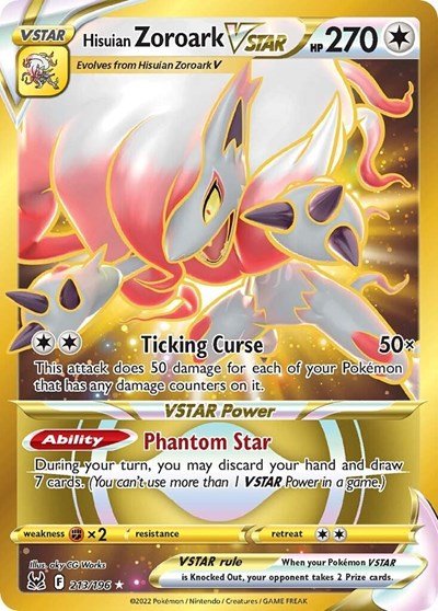 Pokémon card: Hisuian Zoroark VSTAR 213/196 from Lost Origin (Secret Rare), Colorless type, front of card