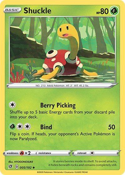 Pokémon card: Shuckle 005/192 from Rebel Clash (Uncommon), Grass type, front of card
