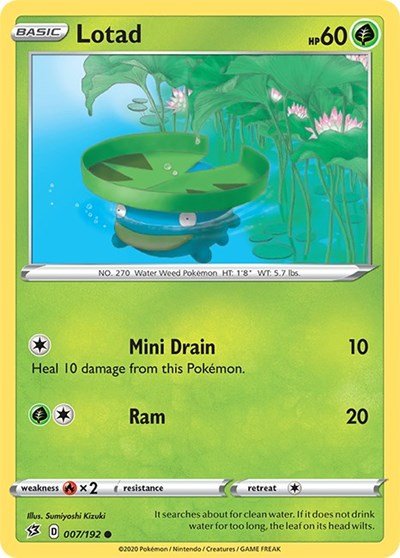 Pokémon card: Lotad 007/192 from Rebel Clash (Common), Grass type, front of card
