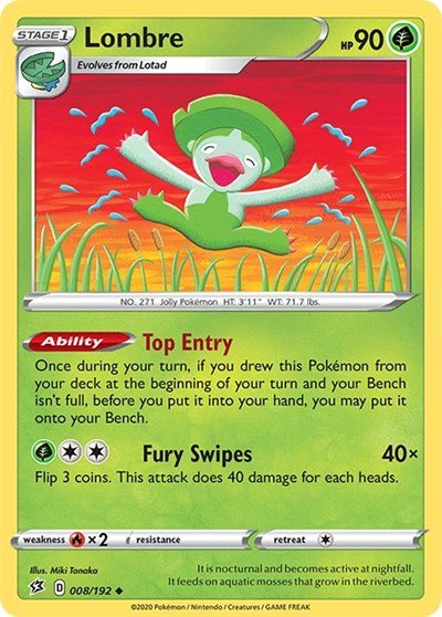 Pokémon card: Lombre 008/192 from Rebel Clash (Uncommon), Grass type, front of card