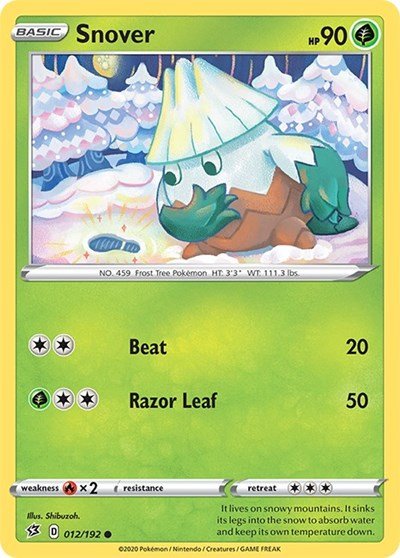 Pokémon card: Snover 012/192 from Rebel Clash (Common), Grass type, front of card