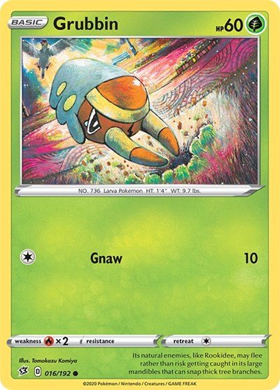Pokémon card: Grubbin 016/192 from Rebel Clash (Common), Grass type, front of card