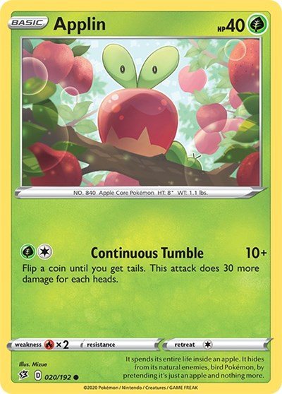 Pokémon card: Applin 020/192 from Rebel Clash (Common), Grass type, front of card
