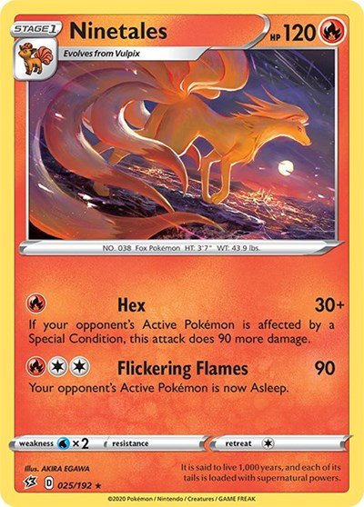 Pokémon card: Ninetales 025/192 from Rebel Clash (Rare), Fire type, front of card