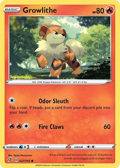 Pokémon card: Growlithe 027/192 from Rebel Clash (Common), Fire type, front of card