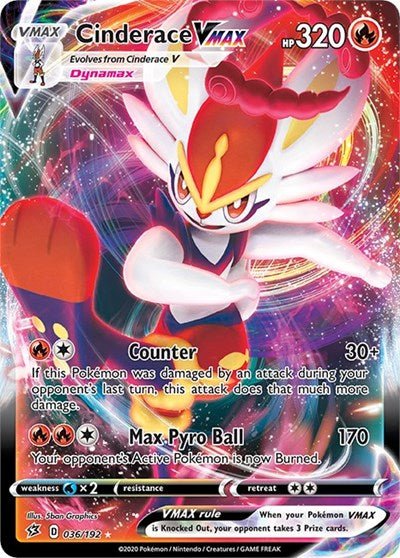 Pokémon card: Cinderace VMAX 036/192 from Rebel Clash (Ultra Rare), Fire type, front of card