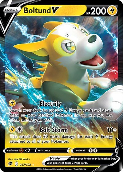 Pokémon card: Boltund V 067/192 from Rebel Clash (Ultra Rare), Lightning type, front of card