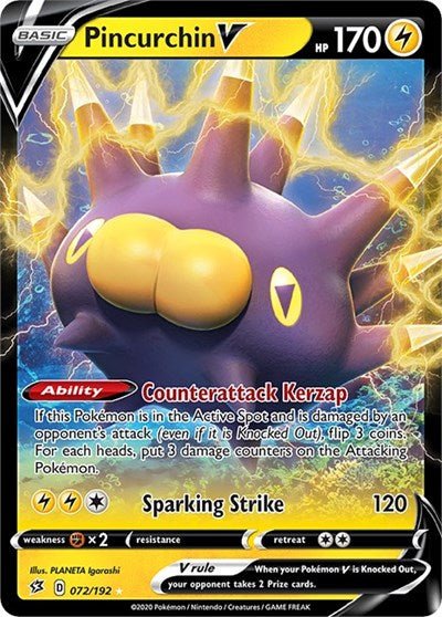Pokémon card: Pincurchin V 072/192 from Rebel Clash (Ultra Rare), Lightning type, front of card