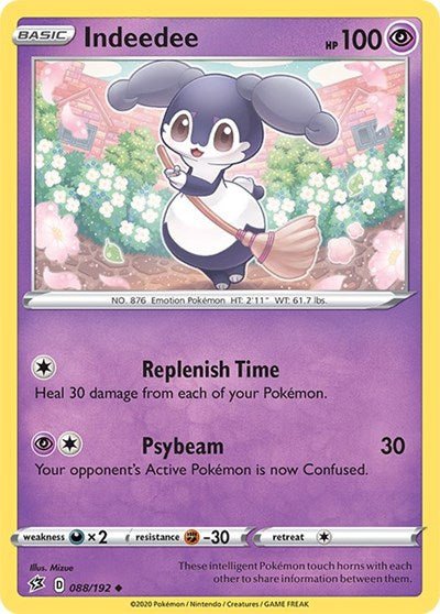 Pokémon card: Indeedee 088/192 from Rebel Clash (Uncommon), Psychic type, front of card
