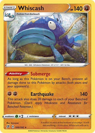 Pokémon card: Whiscash 100/192 from Rebel Clash (Rare), Fighting type, front of card