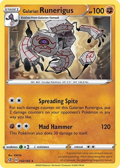 Pokémon card: Galarian Runerigus 102/192 from Rebel Clash (Rare), Fighting type, front of card