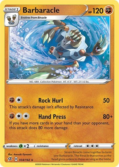 Pokémon card: Barbaracle 104/192 from Rebel Clash (Rare), Fighting type, front of card