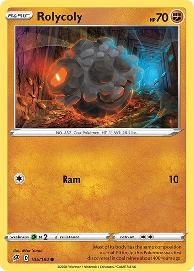 Pokémon card: Rolycoly 105/192 from Rebel Clash (Common), Fighting type, front of card