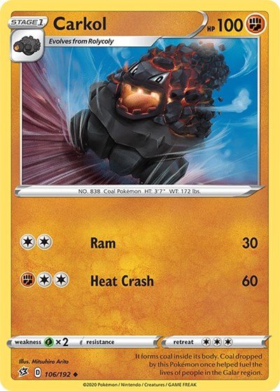 Pokémon card: Carkol 106/192 from Rebel Clash (Uncommon), Fighting type, front of card