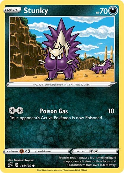 Pokémon card: Stunky 114/192 from Rebel Clash (Common), Darkness type, front of card