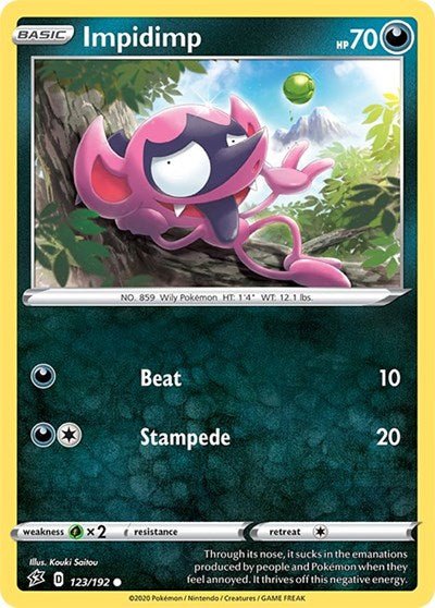 Pokémon card: Impidimp 123/192 from Rebel Clash (Common), Darkness type, front of card