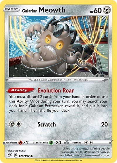 Pokémon card: Galarian Meowth 126/192 from Rebel Clash (Common), Metal type, front of card