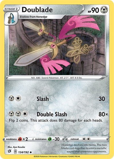 Pokémon card: Doublade 134/192 from Rebel Clash (Uncommon), Metal type, front of card