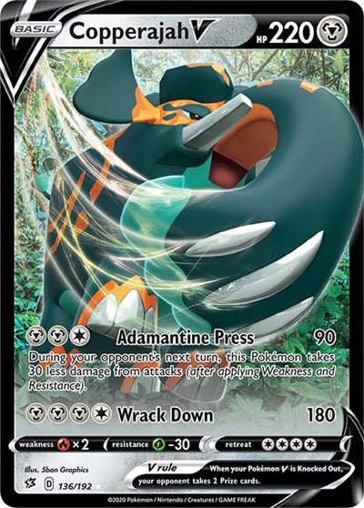 Pokémon card: Copperajah V 136/192 from Rebel Clash (Ultra Rare), Metal type, front of card
