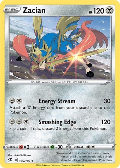 Pokémon card: Zacian 139/192 from Rebel Clash (Rare), Metal type, front of card