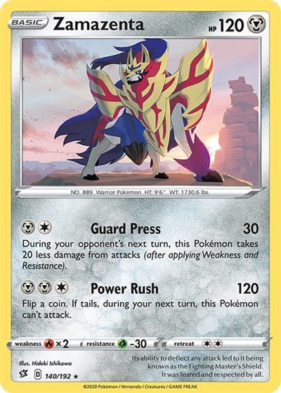 Pokémon card: Zamazenta 140/192 from Rebel Clash (Rare), Metal type, front of card