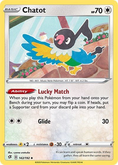 Pokémon card: Chatot 142/192 from Rebel Clash (Uncommon), Colorless type, front of card