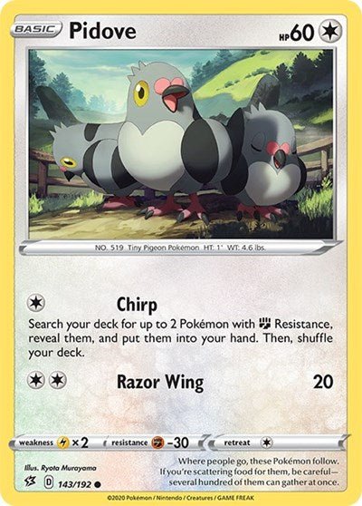 Pokémon card: Pidove 143/192 from Rebel Clash (Common), Colorless type, front of card