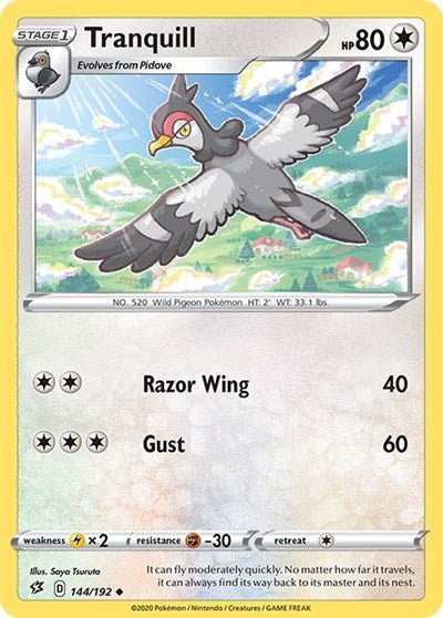 Pokémon card: Tranquill 144/192 from Rebel Clash (Uncommon), Colorless type, front of card