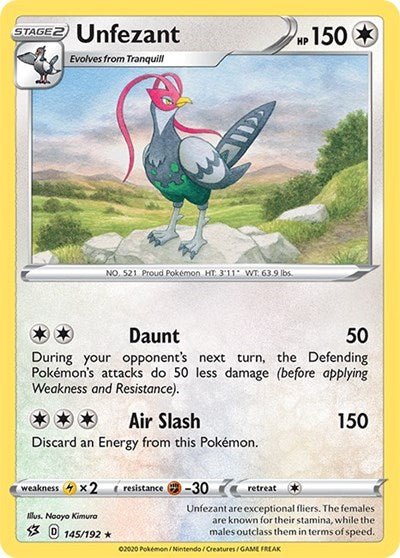 Pokémon card: Unfezant 145/192 from Rebel Clash (Rare), Colorless type, front of card