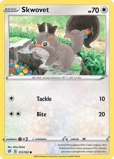 Pokémon card: Skwovet 151/192 from Rebel Clash (Common), Colorless type, front of card