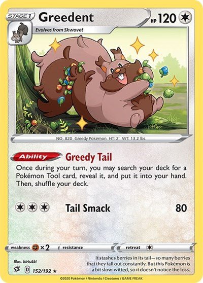 Pokémon card: Greedent 152/192 from Rebel Clash (Rare), Colorless type, front of card