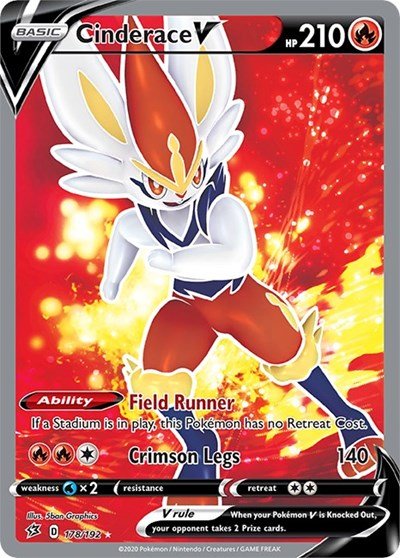 Pokémon card: Cinderace V (Full Art) 178/192 from Rebel Clash (Ultra Rare), Fire type, front of card