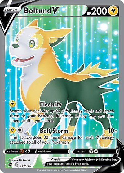 Pokémon card: Boltund V (Full Art) 181/192 from Rebel Clash (Ultra Rare), Lightning type, front of card