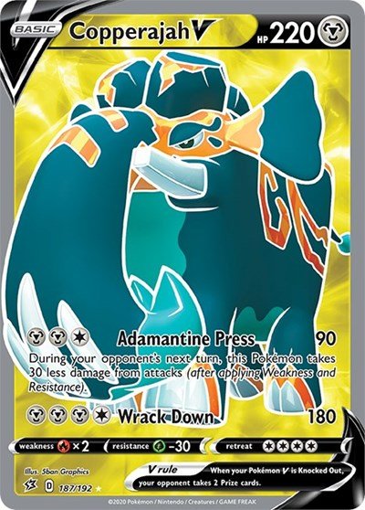 Pokémon card: Copperajah V (Full Art) 187/192 from Rebel Clash (Ultra Rare), Metal type, front of card