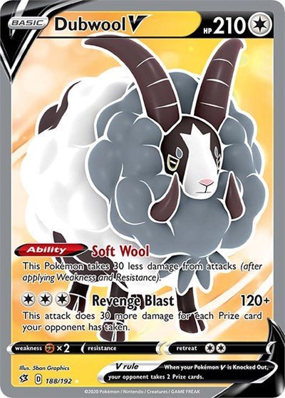 Pokémon card: Dubwool V (Full Art) 188/192 from Rebel Clash (Ultra Rare), Colorless type, front of card