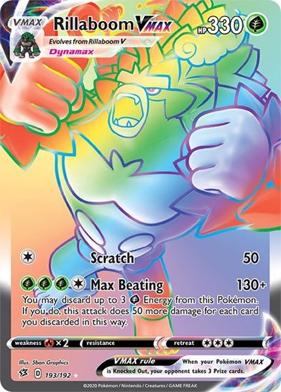 Pokémon card: Rillaboom VMAX 193/192 from Rebel Clash (Secret Rare), Grass type, front of card