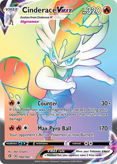 Pokémon card: Cinderace VMAX 194/192 from Rebel Clash (Secret Rare), Fire type, front of card