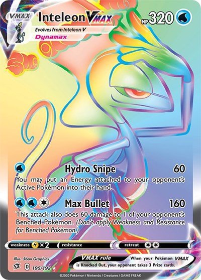 Pokémon card: Inteleon VMAX 195/192 from Rebel Clash (Secret Rare), Water type, front of card