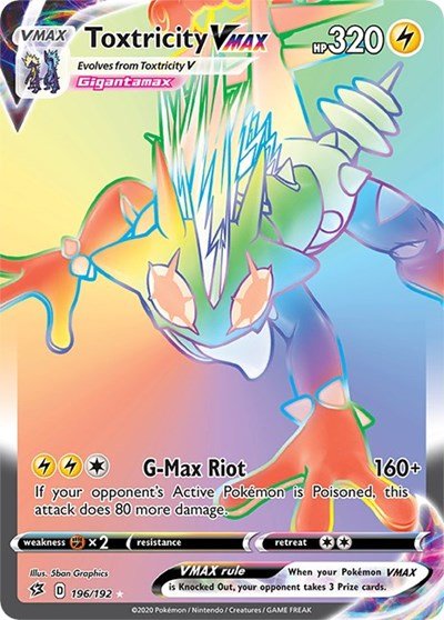 Pokémon card: Toxtricity VMAX 196/192 from Rebel Clash (Secret Rare), Lightning type, front of card
