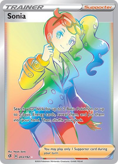 Pokémon card: Sonia 203/192 from Rebel Clash (Secret Rare), front of card