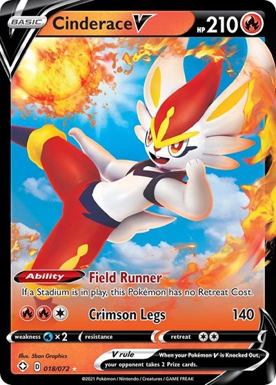 Pokémon card: Cinderace V 018/072 from Shining Fates (Ultra Rare), Fire type, front of card